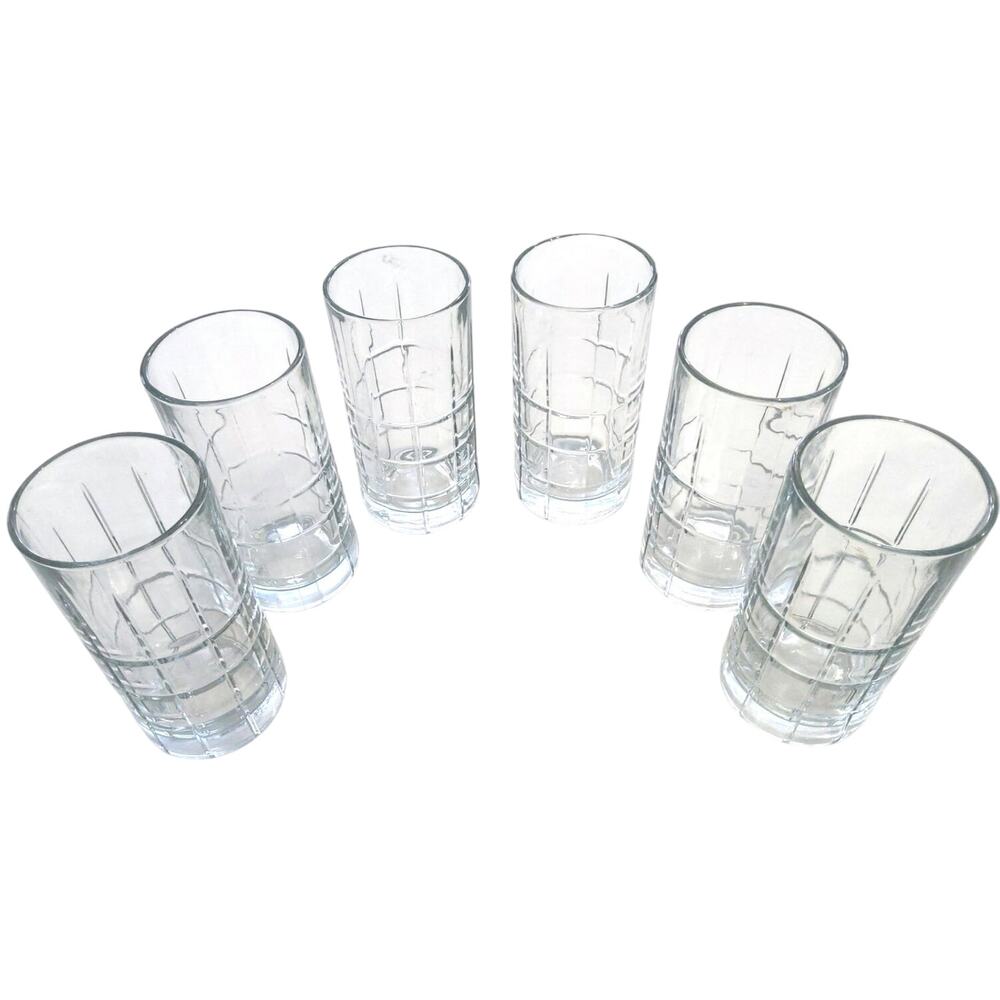 Vintage Anchor hocking 6pc Tartan drink glassware plaid etched geo pattern16oz - Picture 2 of 6